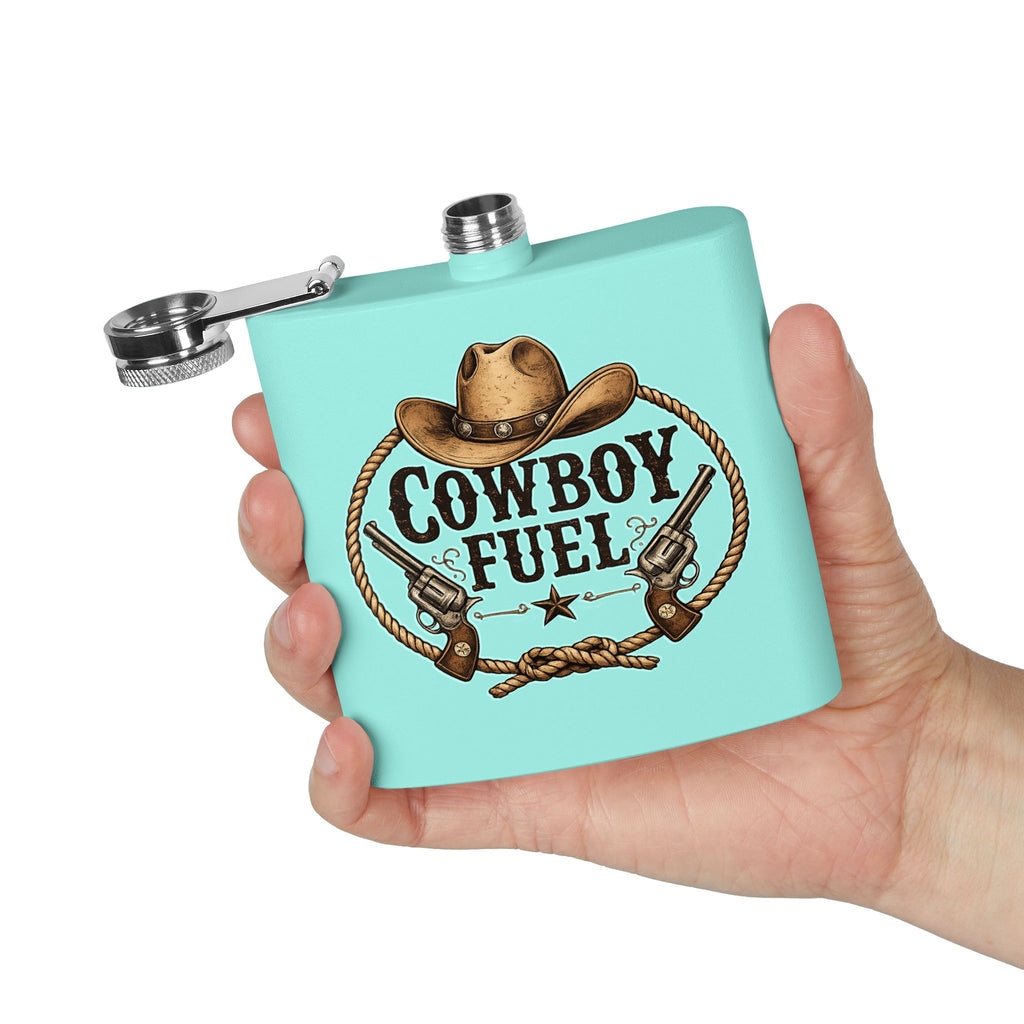 Cowboy Fuel 6oz Stainless Steel Flask – Western Hat & Pistols Rustic Hip Flask