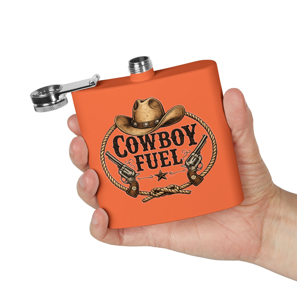 Cowboy Fuel 6oz Stainless Steel Flask – Western Hat & Pistols Rustic Hip Flask