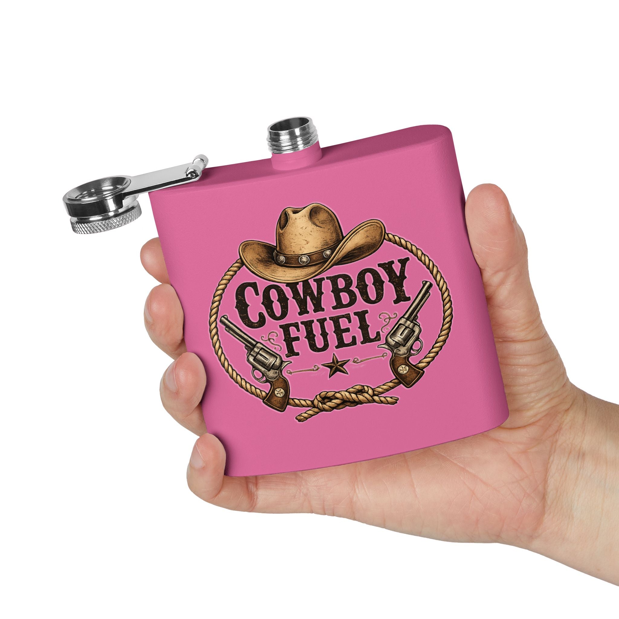 Cowboy Fuel 6oz Stainless Steel Flask – Western Hat & Pistols Rustic Hip Flask
