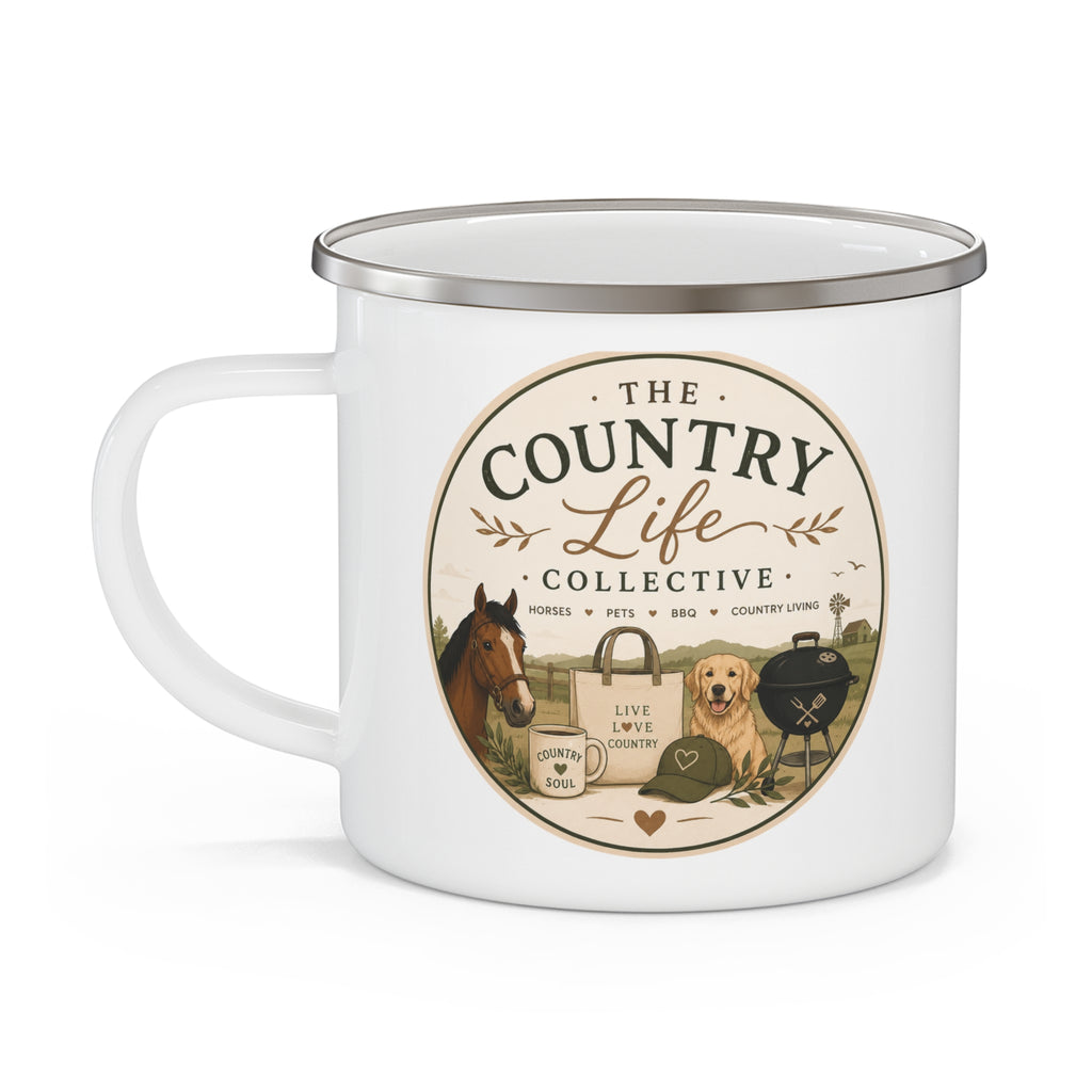 Enamel Camping Mug — The Country Life Collective Graphic Mug (Horse & Dog, Rustic Outdoor Coffee Cup)