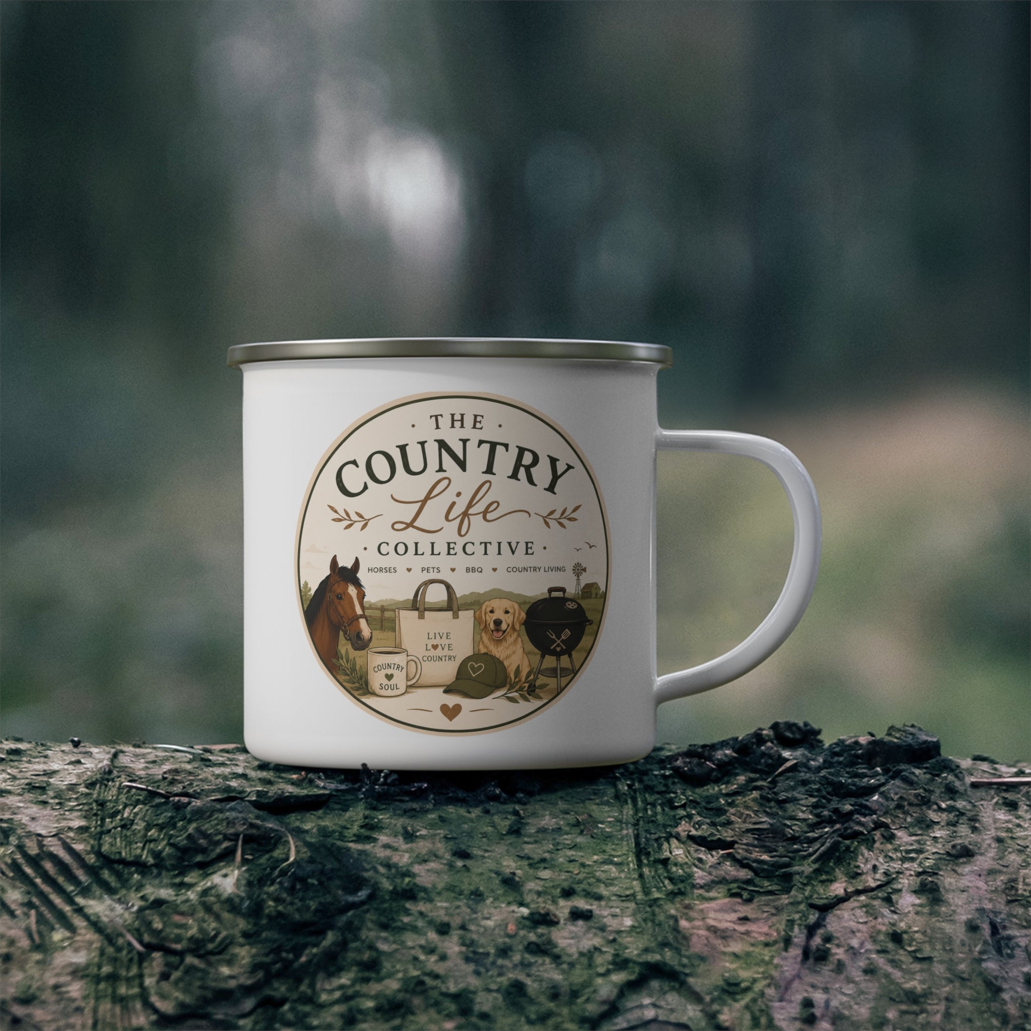 Enamel Camping Mug — The Country Life Collective Graphic Mug (Horse & Dog, Rustic Outdoor Coffee Cup)