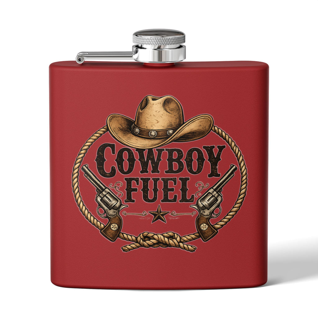 Cowboy Fuel 6oz Stainless Steel Flask – Western Hat & Pistols Rustic Hip Flask