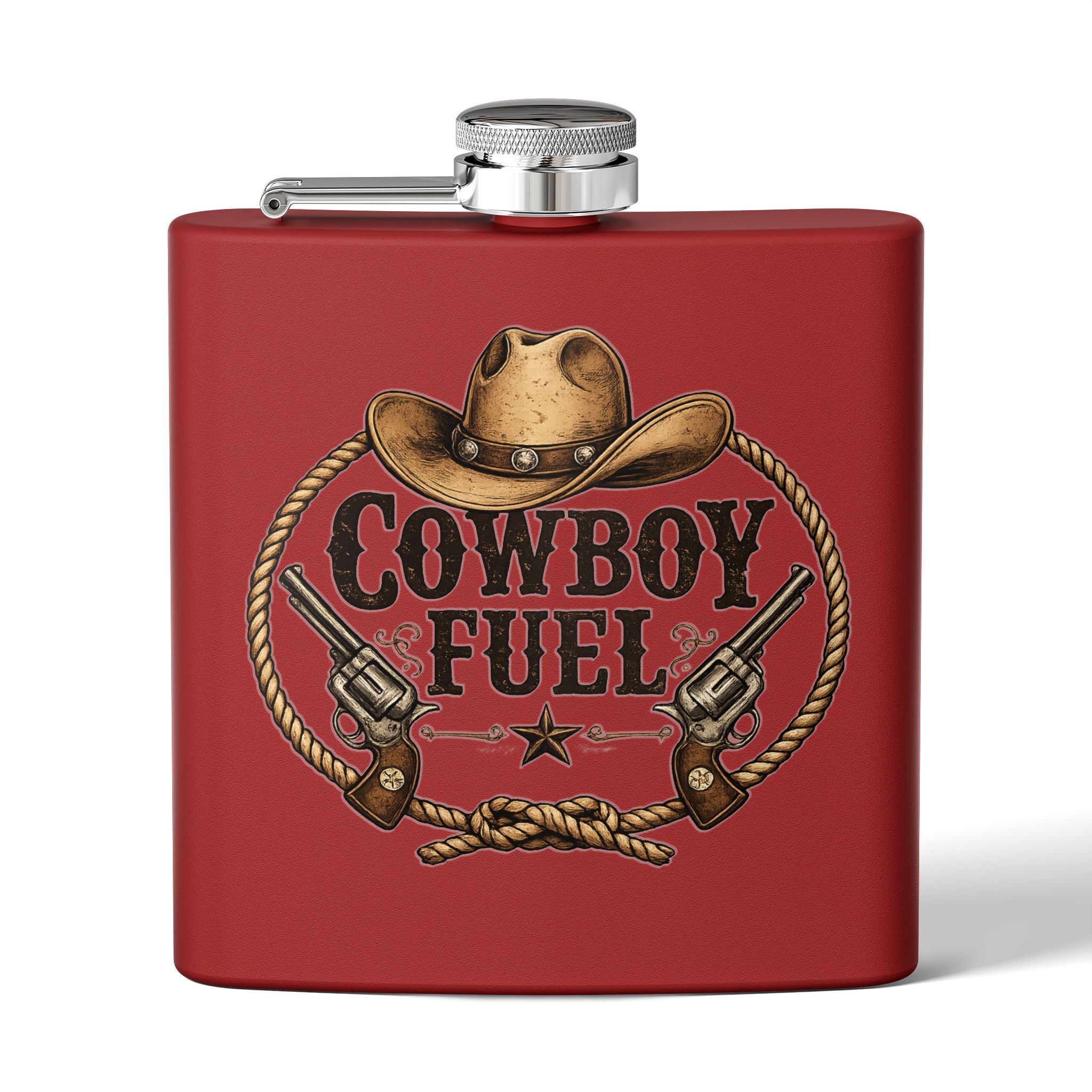 Cowboy Fuel 6oz Stainless Steel Flask – Western Hat & Pistols Rustic Hip Flask