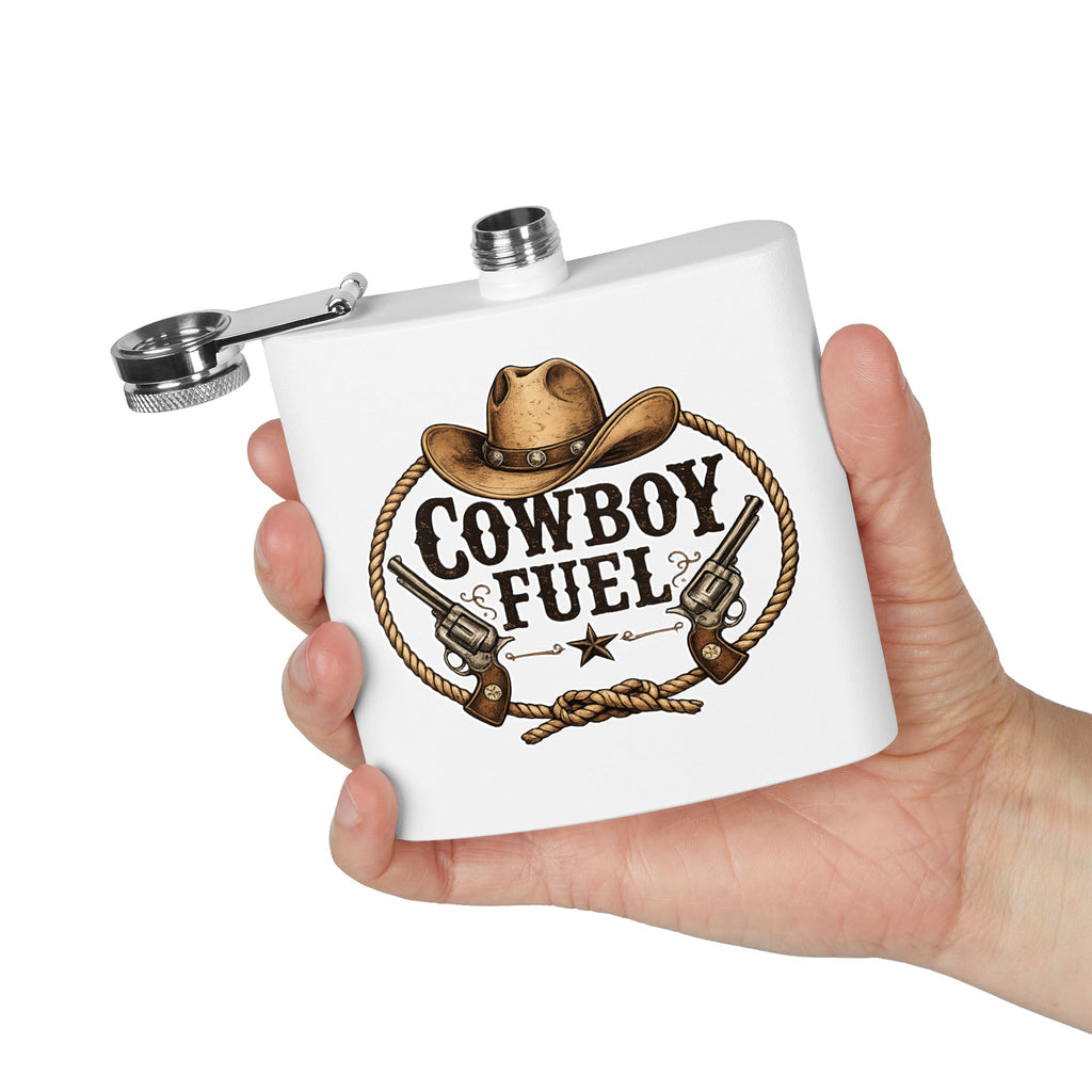 Cowboy Fuel 6oz Stainless Steel Flask – Western Hat & Pistols Rustic Hip Flask