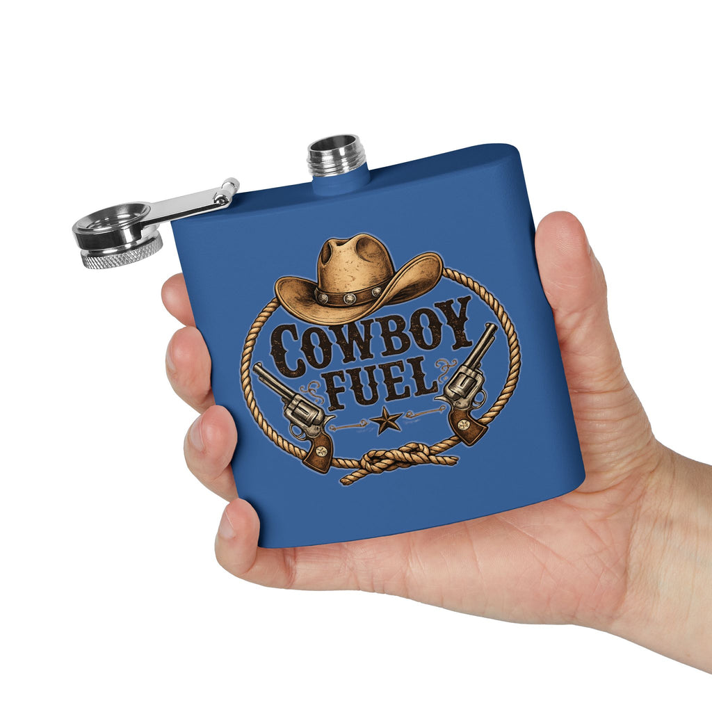Cowboy Fuel 6oz Stainless Steel Flask – Western Hat & Pistols Rustic Hip Flask