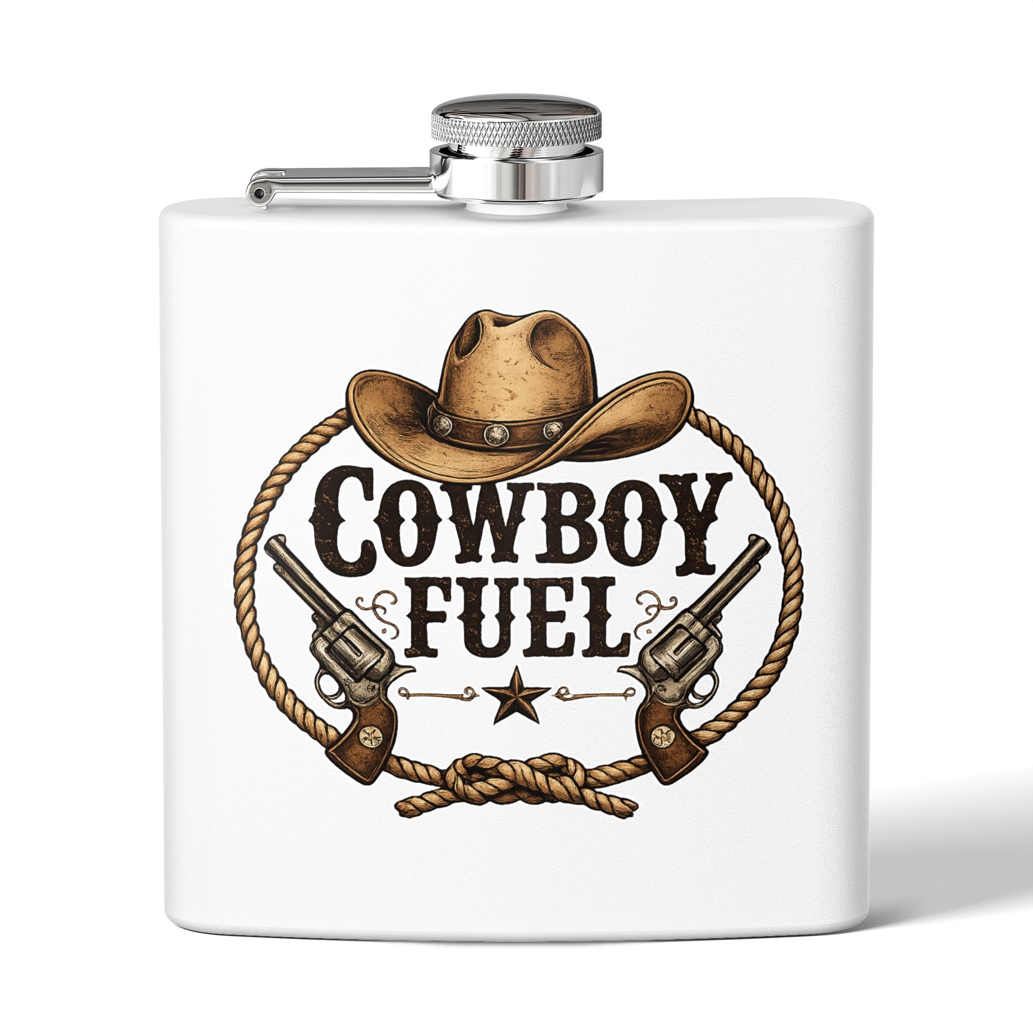 Cowboy Fuel 6oz Stainless Steel Flask – Western Hat & Pistols Rustic Hip Flask