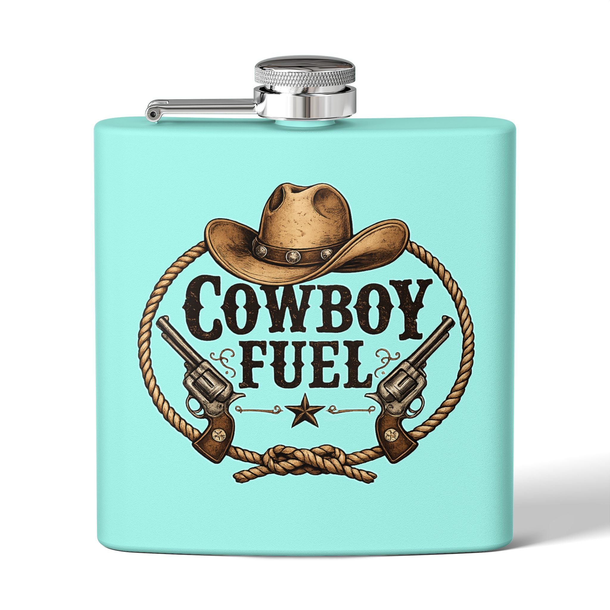 Cowboy Fuel 6oz Stainless Steel Flask – Western Hat & Pistols Rustic Hip Flask