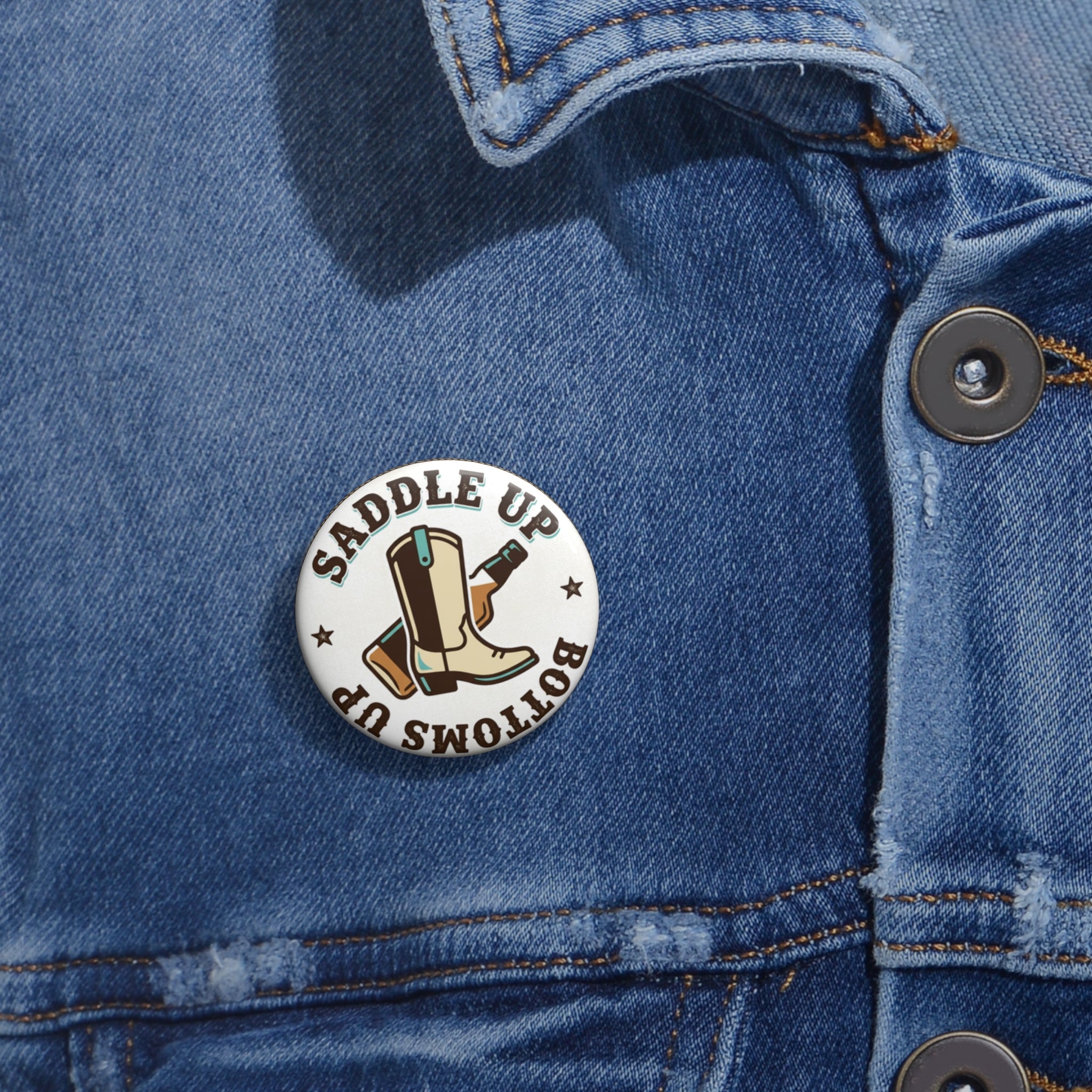 Saddle Up Boots Round Pin Button — Western Cowboy Boot Enamel-Style Badge