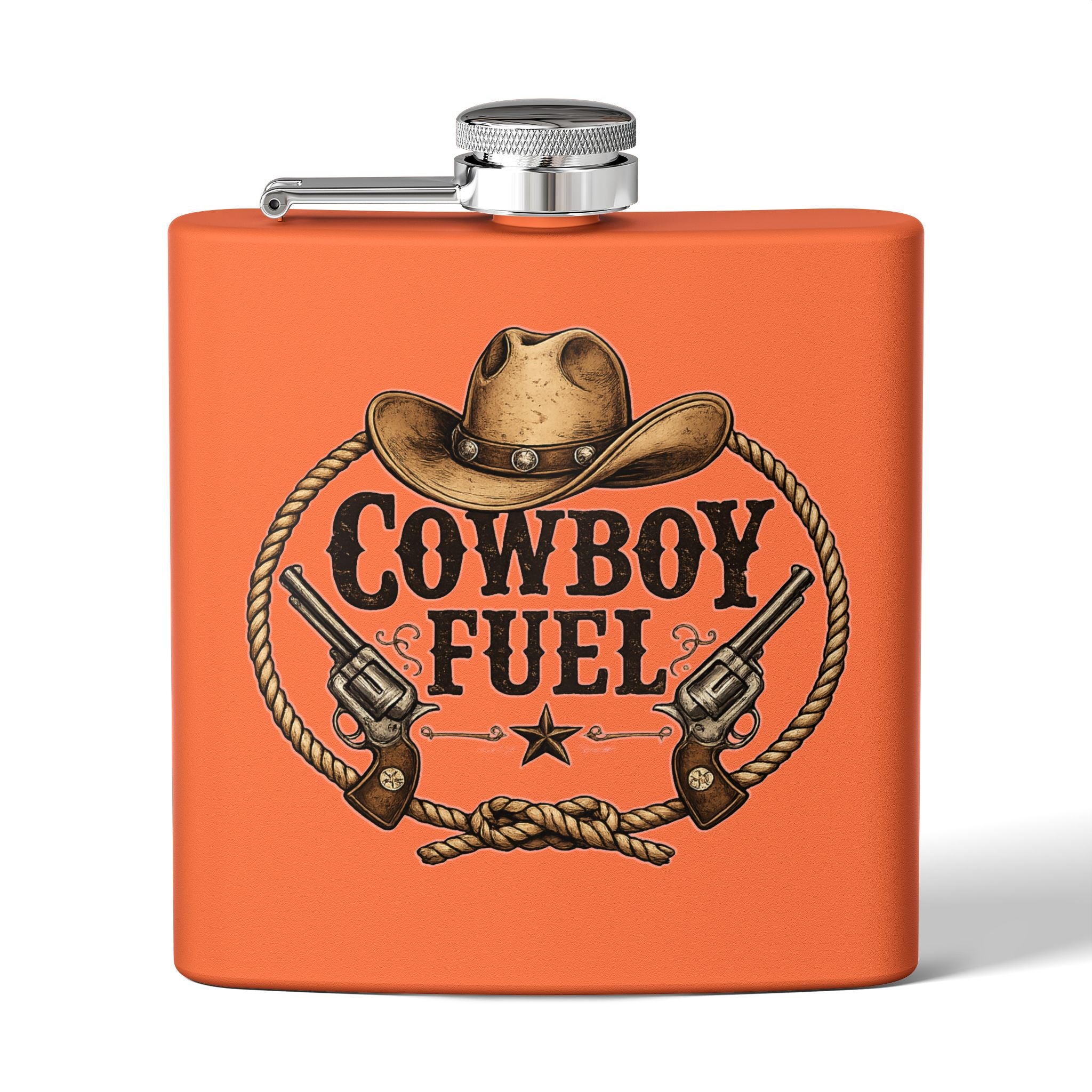 Cowboy Fuel 6oz Stainless Steel Flask – Western Hat & Pistols Rustic Hip Flask