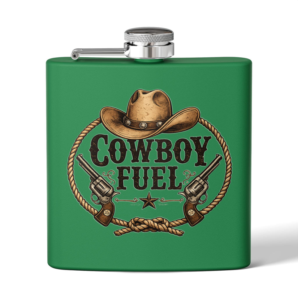 Cowboy Fuel 6oz Stainless Steel Flask – Western Hat & Pistols Rustic Hip Flask