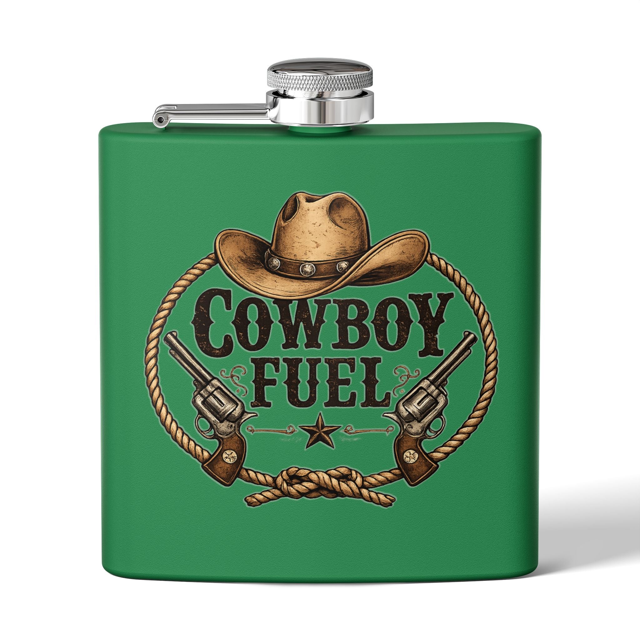 Cowboy Fuel 6oz Stainless Steel Flask – Western Hat & Pistols Rustic Hip Flask