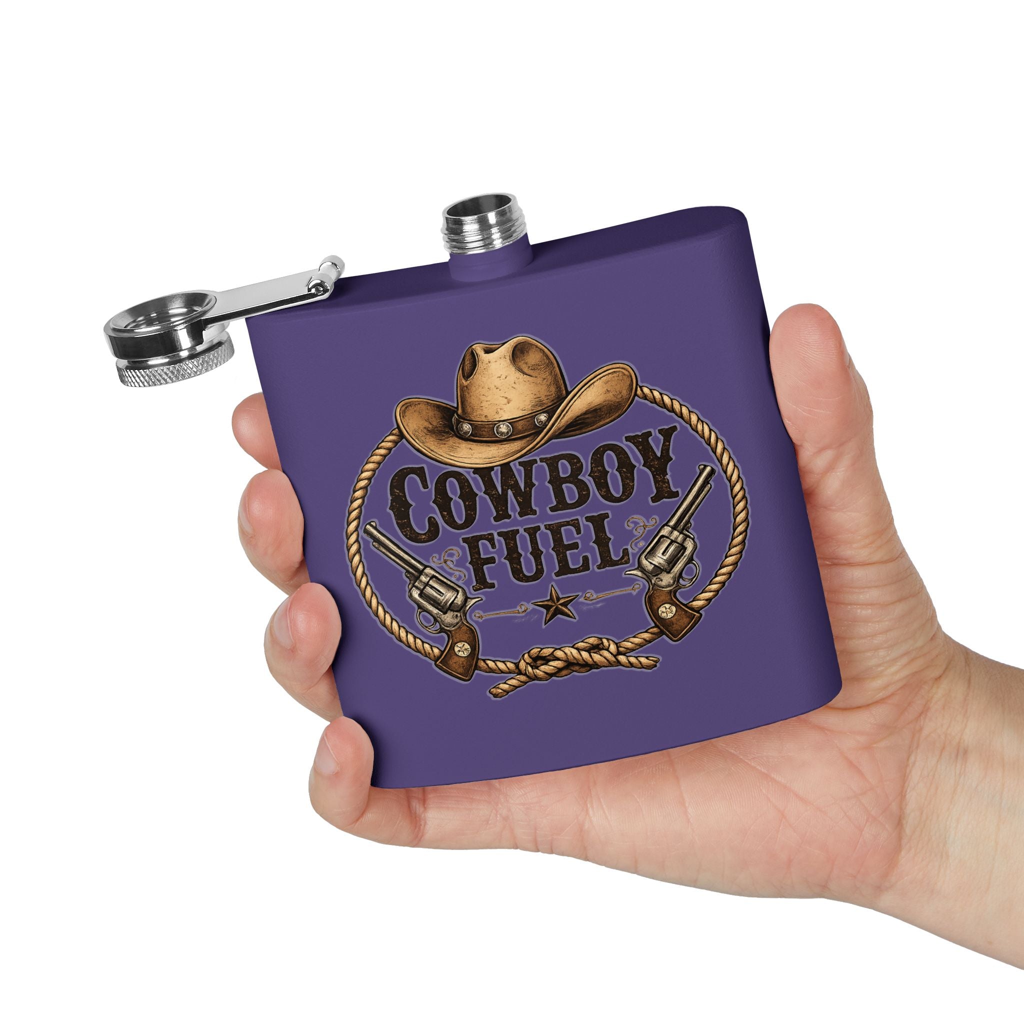 Cowboy Fuel 6oz Stainless Steel Flask – Western Hat & Pistols Rustic Hip Flask