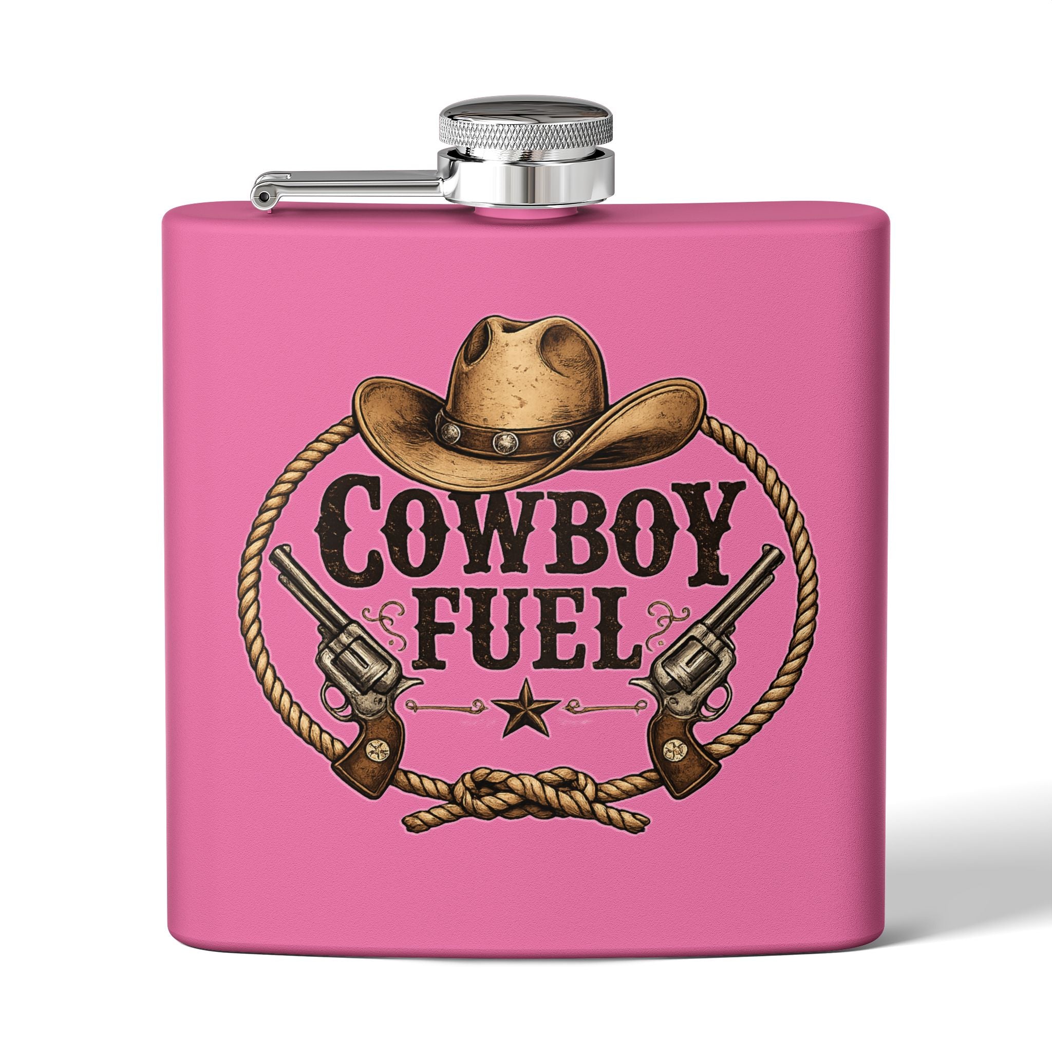 Cowboy Fuel 6oz Stainless Steel Flask – Western Hat & Pistols Rustic Hip Flask
