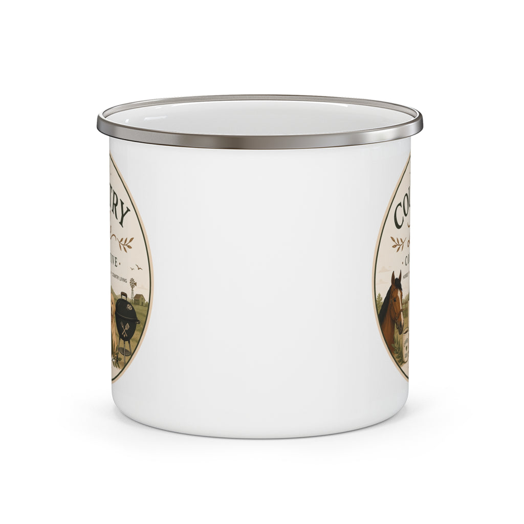 Enamel Camping Mug — The Country Life Collective Graphic Mug (Horse & Dog, Rustic Outdoor Coffee Cup)