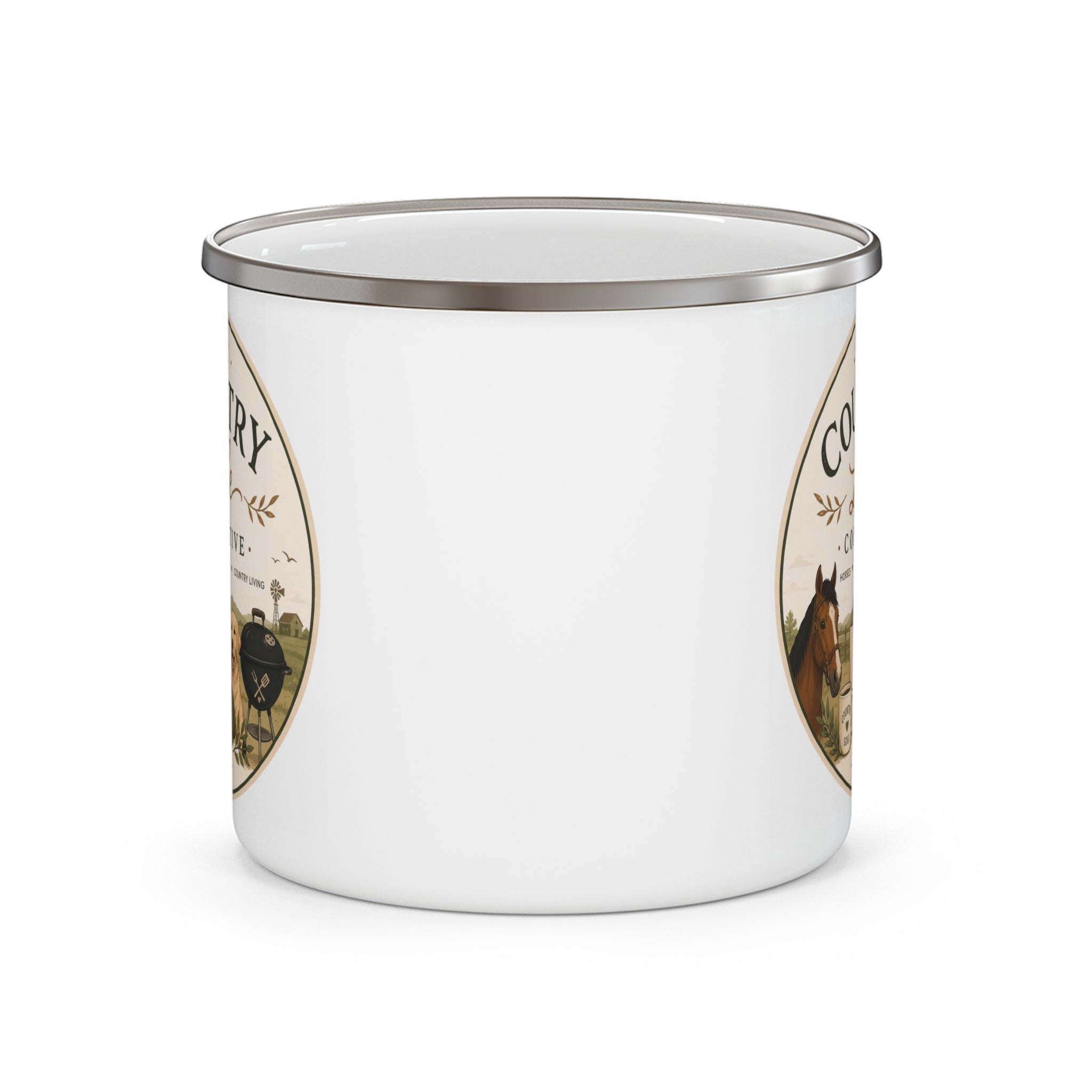 Enamel Camping Mug — The Country Life Collective Graphic Mug (Horse & Dog, Rustic Outdoor Coffee Cup)