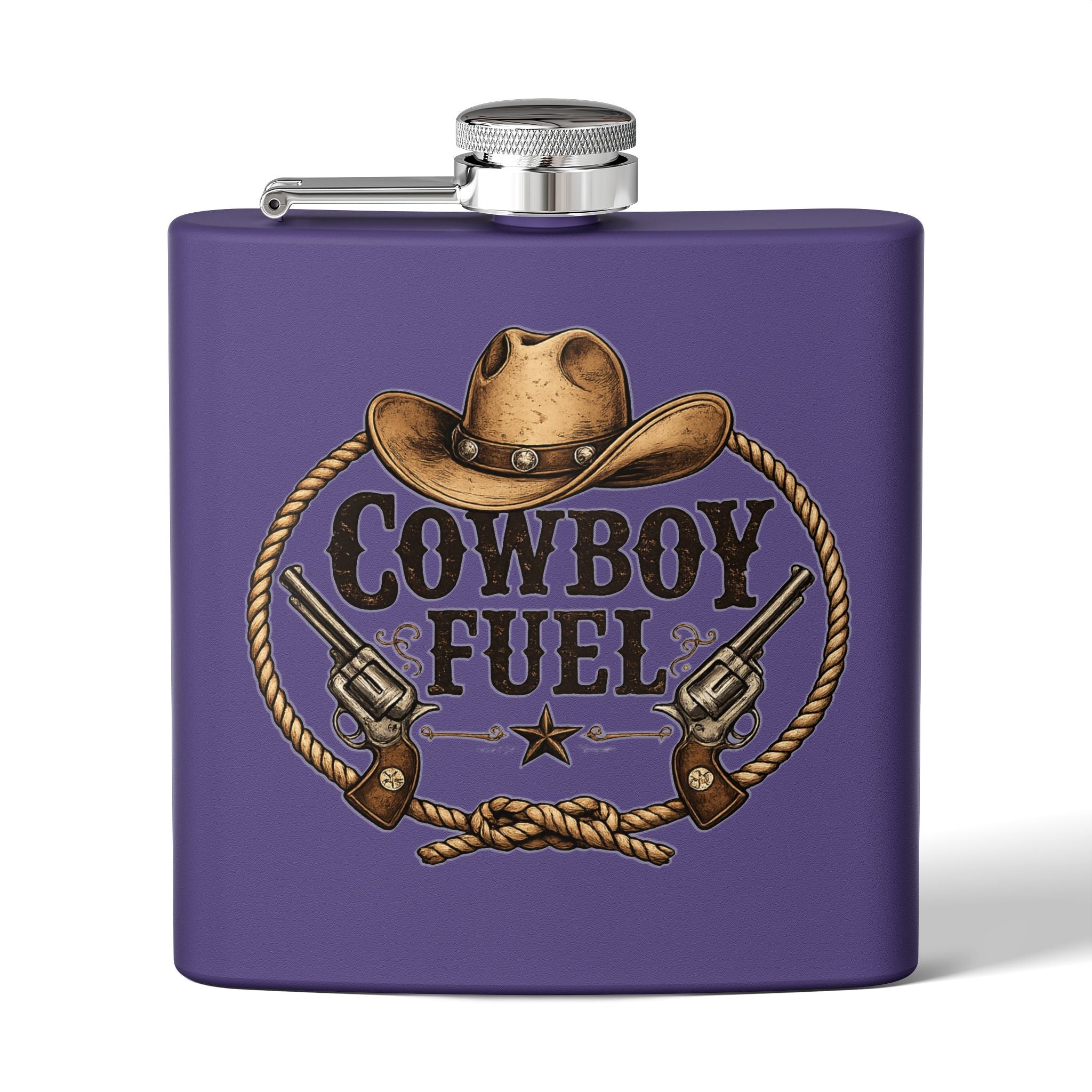 Cowboy Fuel 6oz Stainless Steel Flask – Western Hat & Pistols Rustic Hip Flask