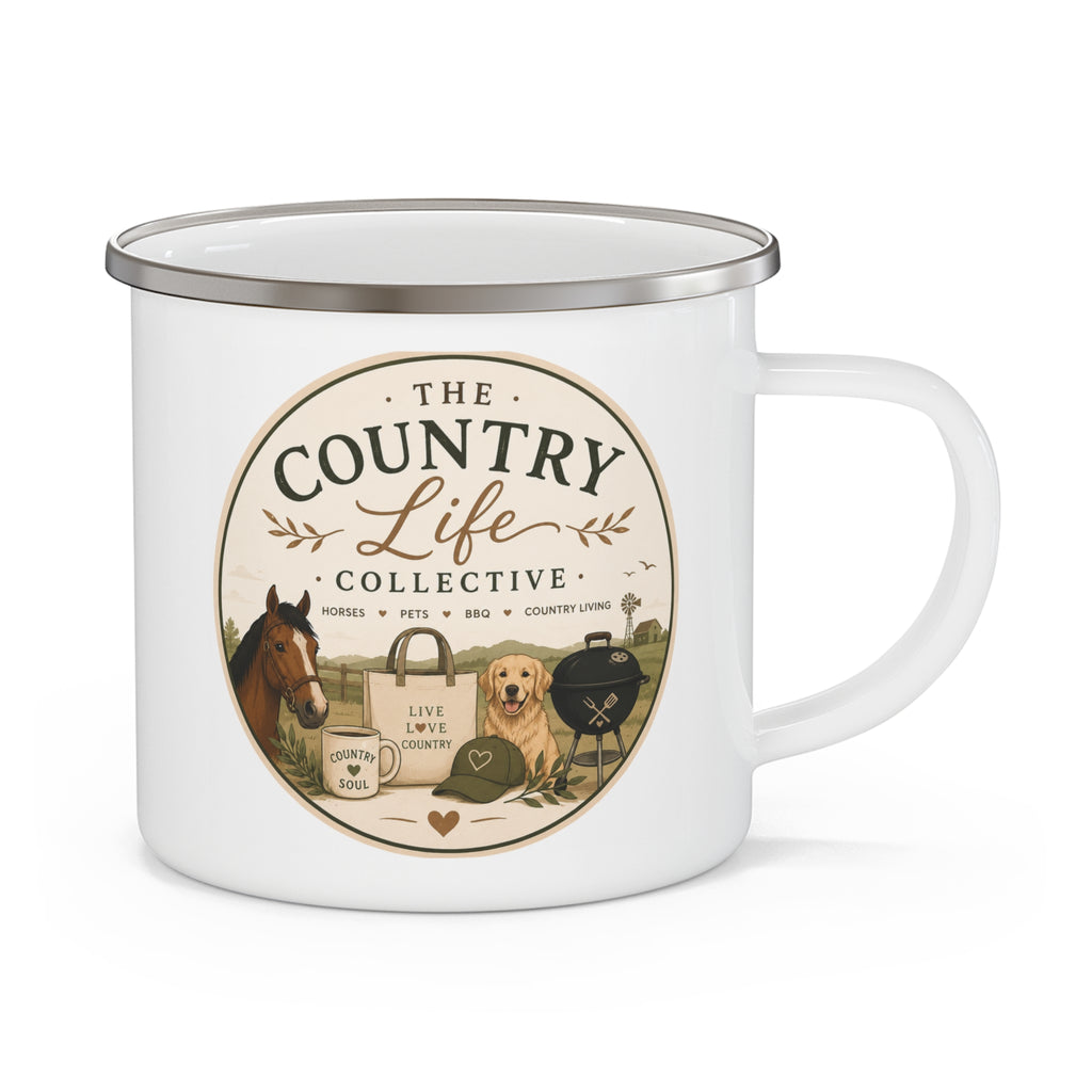 Enamel Camping Mug — The Country Life Collective Graphic Mug (Horse & Dog, Rustic Outdoor Coffee Cup)