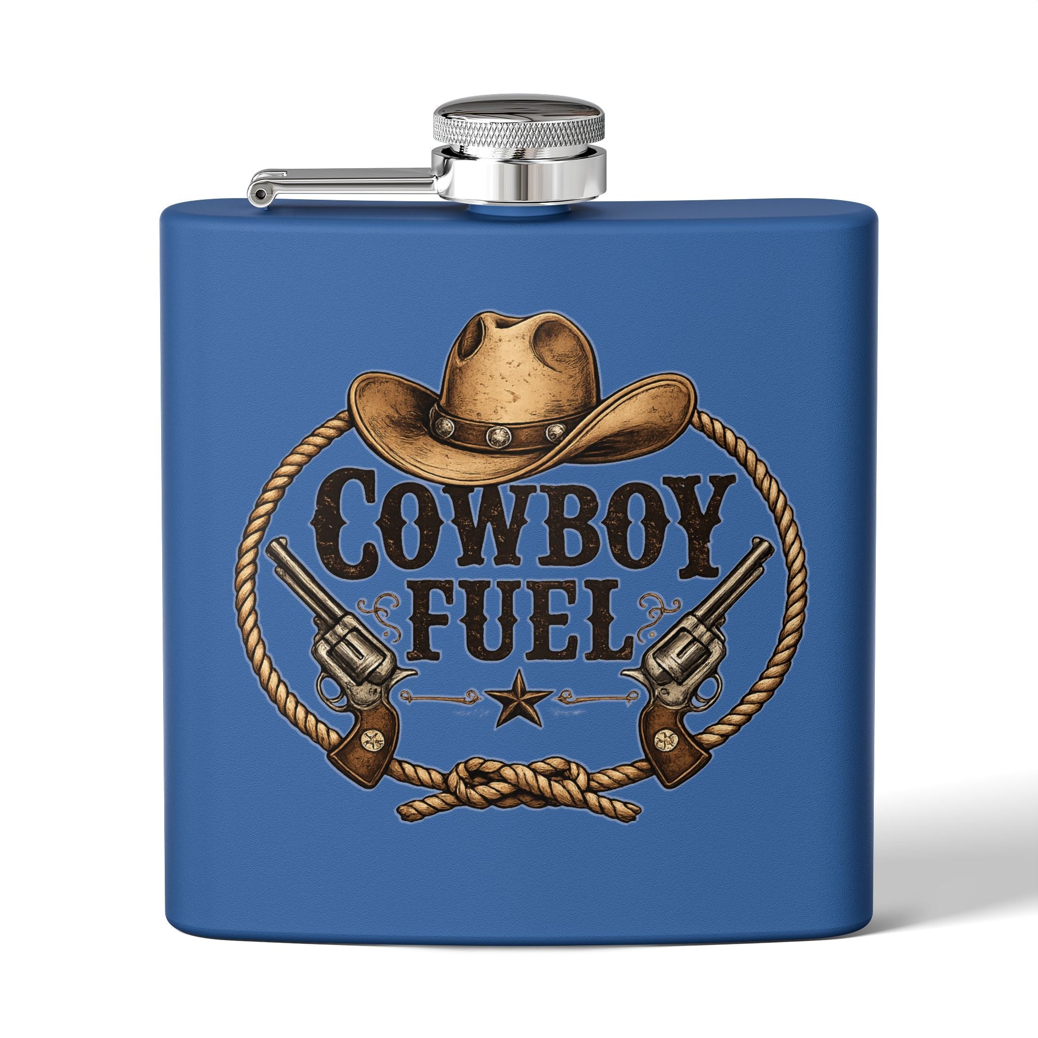 Cowboy Fuel 6oz Stainless Steel Flask – Western Hat & Pistols Rustic Hip Flask