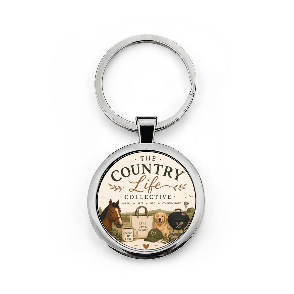 Country Life Round Stainless Steel Keychain – Rustic Farm Animals Design