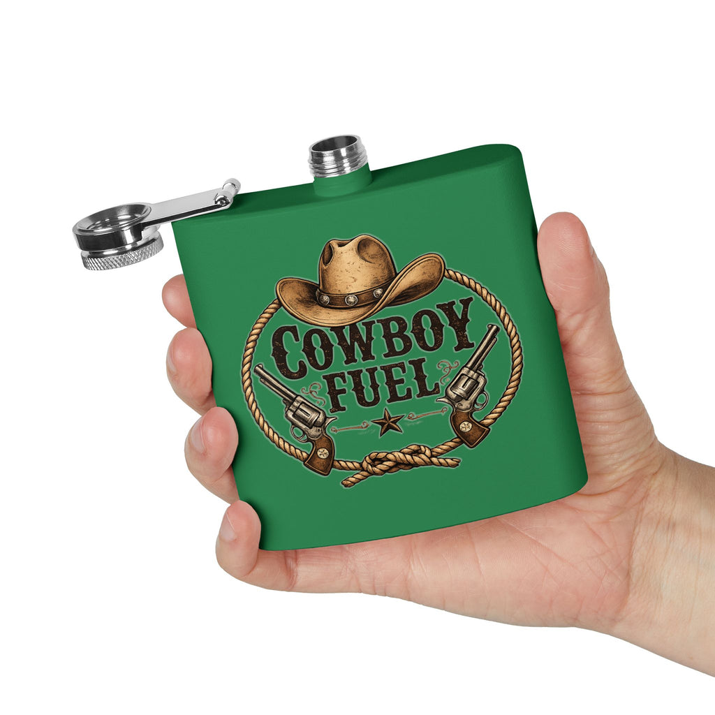 Cowboy Fuel 6oz Stainless Steel Flask – Western Hat & Pistols Rustic Hip Flask